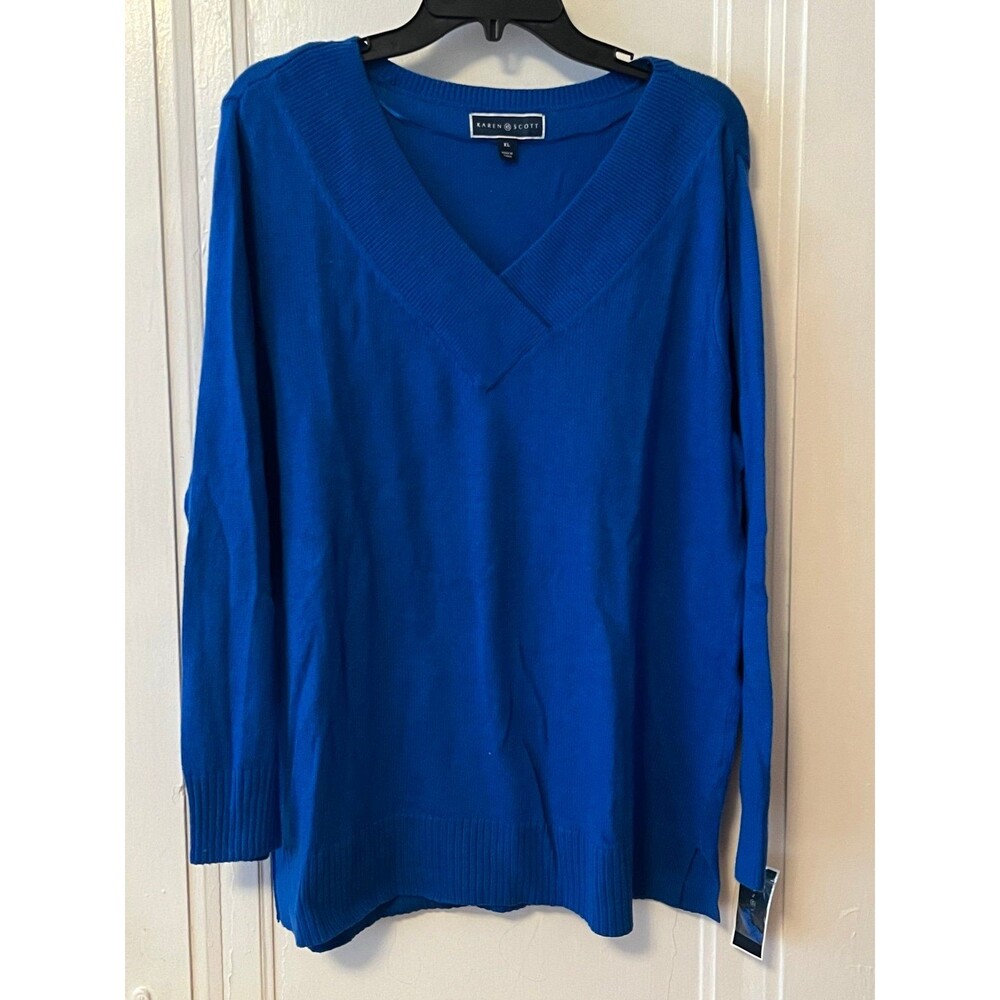 Blue Sweater Cotton V neck New with tags Karen Scott